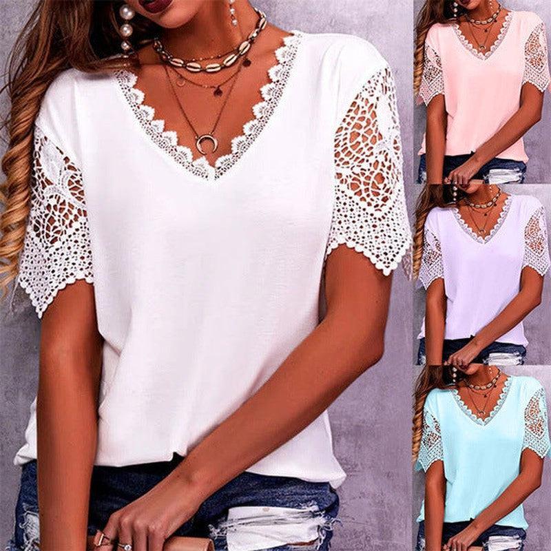 Cheky - Lace Tops Women Summer Loose V Neck Short Sleeve Casual Shirts