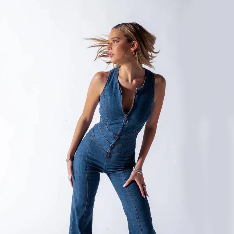 Cheky - Summer Slim Heart-shape Backless Denim Jumpsuit Women Halter Neck Zip Up High Waist Panst Retro Style Clothing