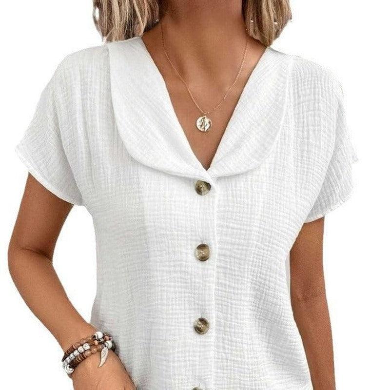 Cheky - Summer Solid Color Fashion Short-sleeved Cardigan Button Women's Top