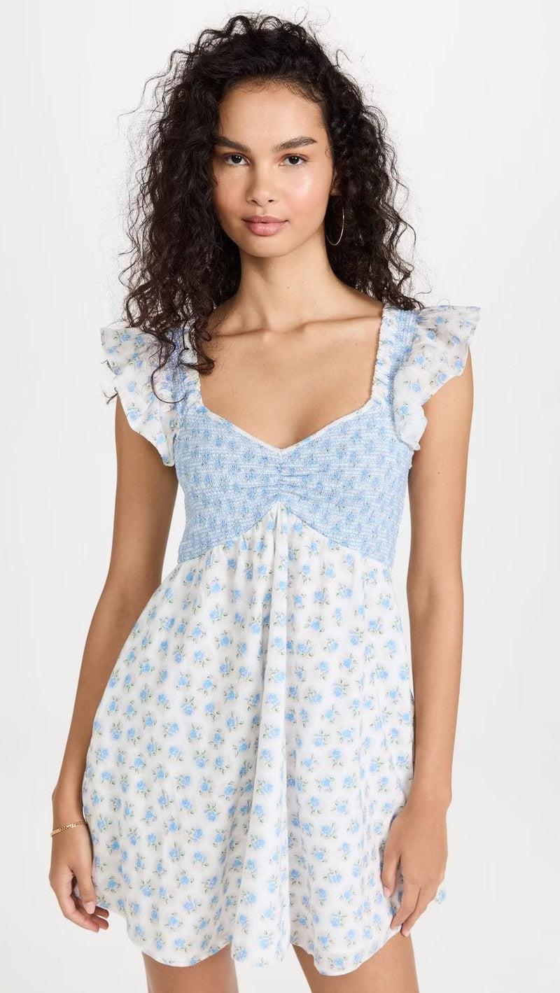 Cheky - French Vacation Style Small Blue Flowers Elastic Loose Dress