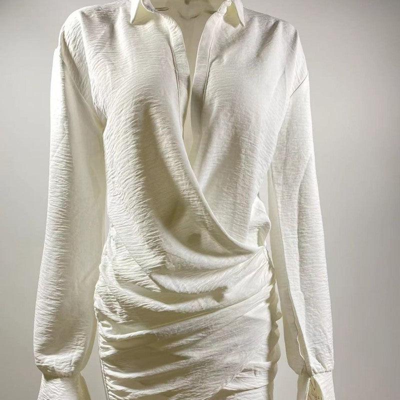 Cheky - White Long-sleeved V-neck Shirt Sexy INS Fashion Linen Short Dress For Women