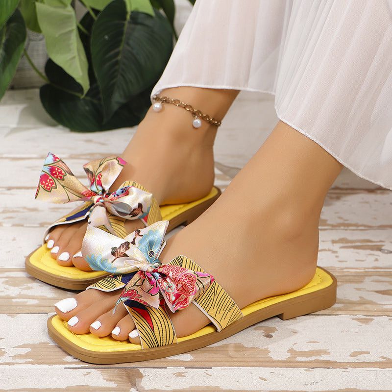 Cheky - Ribbon Bow Sandals Summer New Square Toe Low Heel Sandal For Women Slides Fashion Casual Beach Shoes