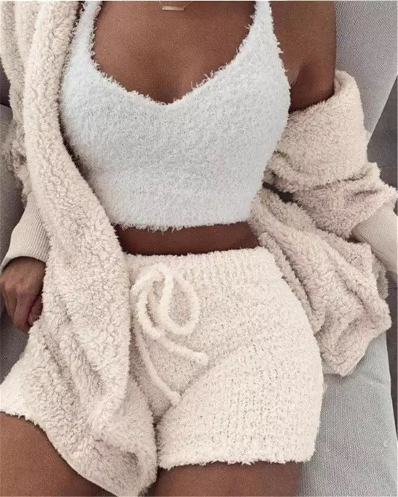 Cheky - Winter Sexy Women Home Wear Suit Casual Pajamas Set Lady Female Soft Warm Long Sleeve Exposed Navel Vest Shorts Set