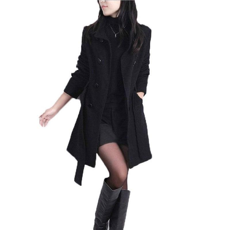 Cheky - Korean Style Slim Waist Plus Size Woolen Mid-length Woolen Coat