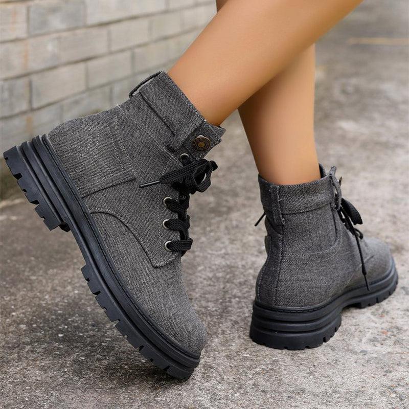 Cheky - Lace-up Denim Ankle Boots Women Fashion Platform Cowboy Boots Casual Fashion Autumn Winter Round Toe Shoes