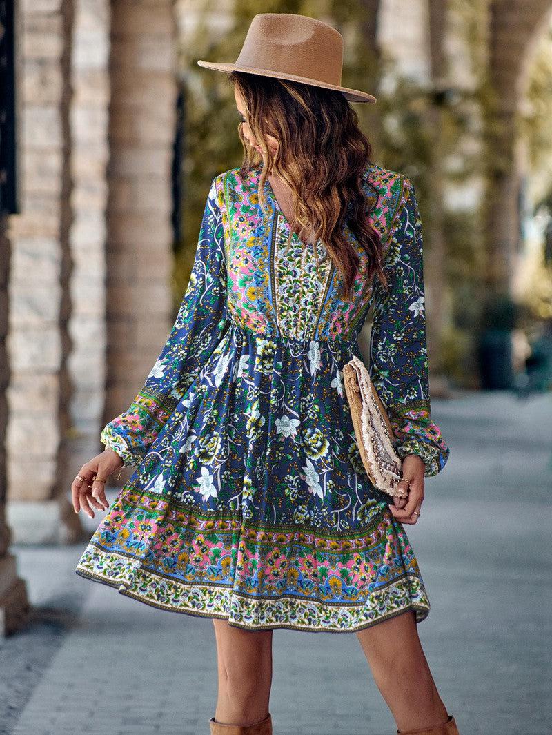 Cheky - Printed V-neck Waist-controlled Long Sleeves Dress Women