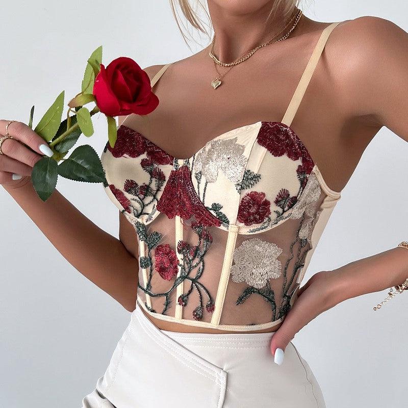 Cheky - Women's Vest Retro Net Yarn Flowers Embroidered Vest