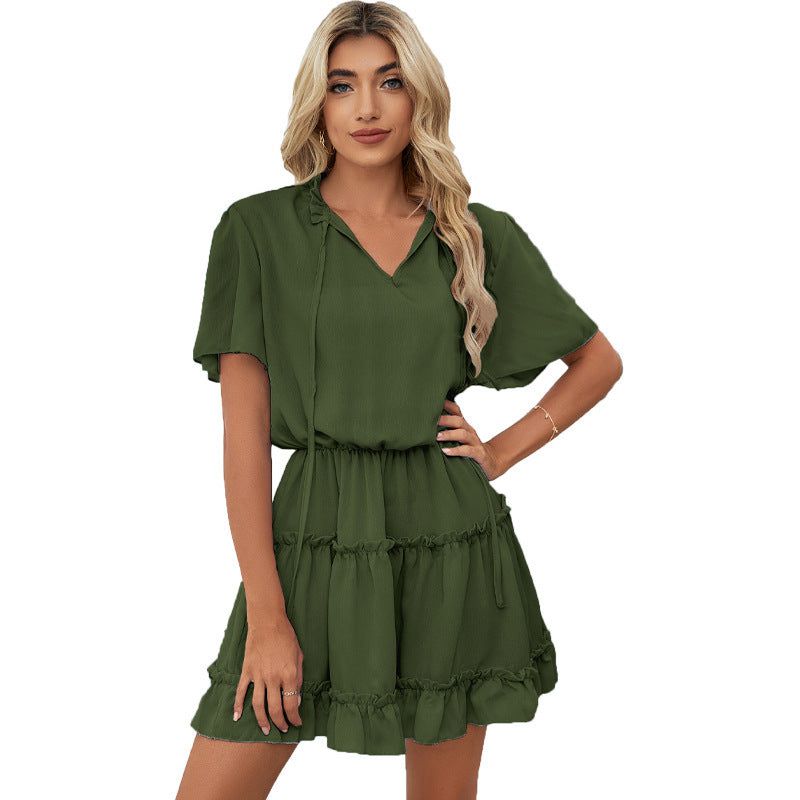 Cheky - Short Sleeve Dress Women's Ruffled V-neck