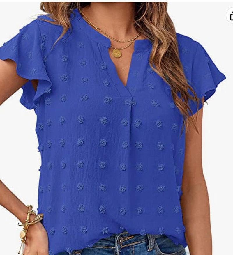 Cheky - Women Summer V Neck Ruffle Short Sleeve Blouse Dot Flowy Shirt Top