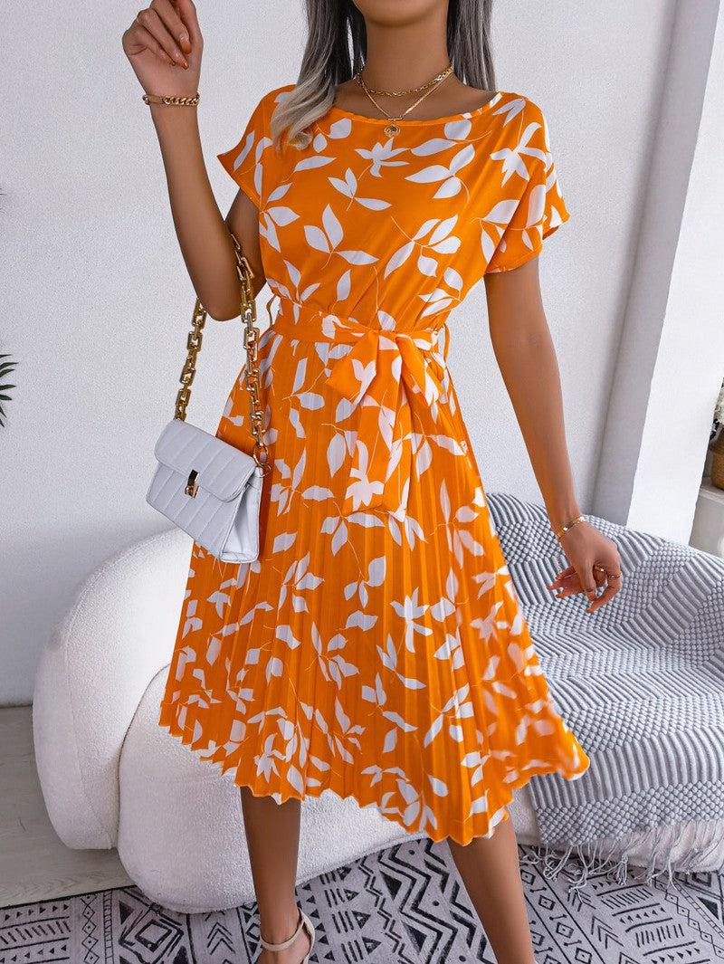 Cheky - Leaf Print Dress Women Short Sleeve Lace-up Skirt Summer Beach Dress