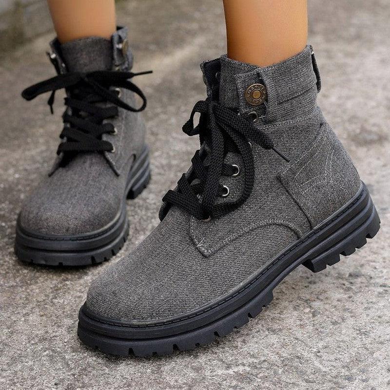 Cheky - Lace-up Denim Ankle Boots Women Fashion Platform Cowboy Boots Casual Fashion Autumn Winter Round Toe Shoes