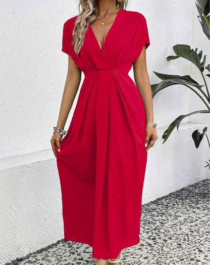 Cheky - Solid Color Deep V Shoulder Sleeve Folding Elastic Waist Long Dress