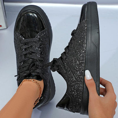 Cheky - Glitter Sequin Design Flats Shoes Women Trendy Casual Thick-soled Lace-up Sneakers Fashion Skateboard Shoes