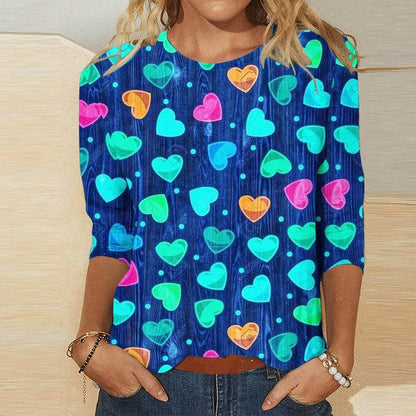 Cheky - Valentine's Day Female With Hearts Printing Crew Neck T-shirt Top