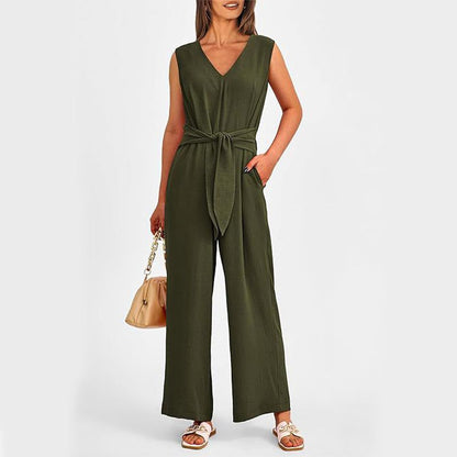 Cheky - New V-neck Sleeveless Long Jumpsuit With Pockets And Lace-up Design Wide-leg Straight Trousers Summer Womens Clothing