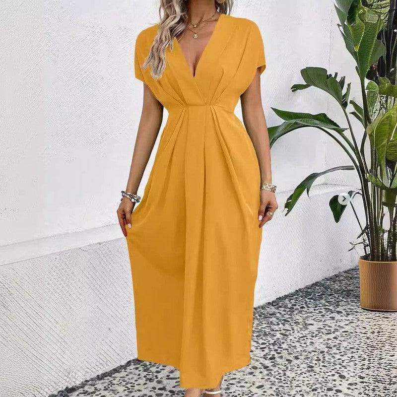 Cheky - Solid Color Deep V Shoulder Sleeve Folding Elastic Waist Long Dress