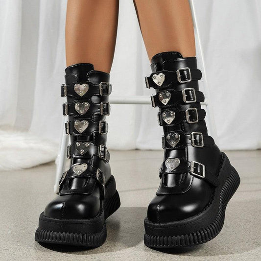 Cheky - Heart Platform Shoes Dark Punk Mid-calf Martin Boots Female