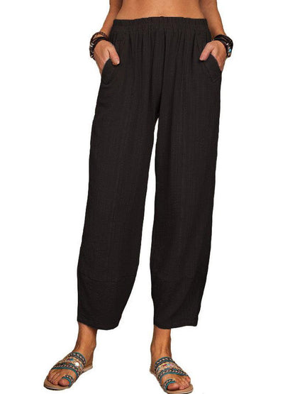 Cheky - Women's Solid Color Loose Cotton And Linen Casual Pants Home