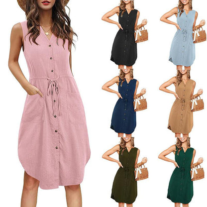 Cheky - Sleeveless V-neck Buttoned Dress With Pockets Fashion Casual Waist Tie Design Summer Dress Womens Clothing