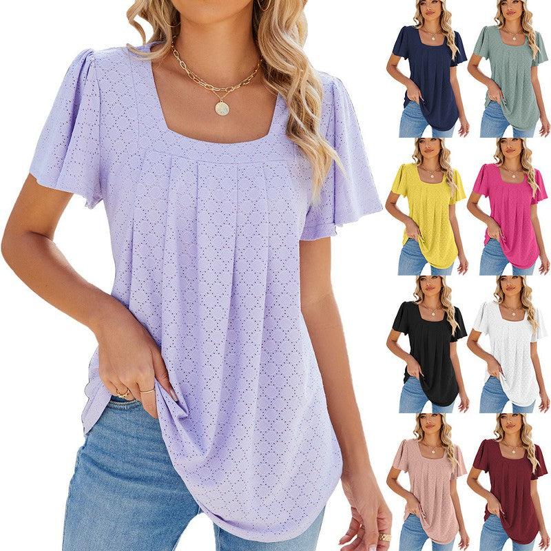 Cheky - Summer Square Neck Pleated Short-sleeved T-shirt Loose Solid Color Ruffled Hollow Design Top For Womens Clothing