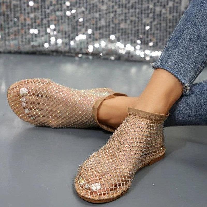 Cheky - New Hollow Flat Sandals With Rhinestone Design Summer Fashion Round Toe Shoes For Women