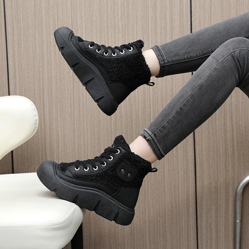 Cheky - Lace-up High-top Flat Shoes For Women Winter Warm Cashmere Snow Boots Fashion Street Campus Students Height Increasing Shoes