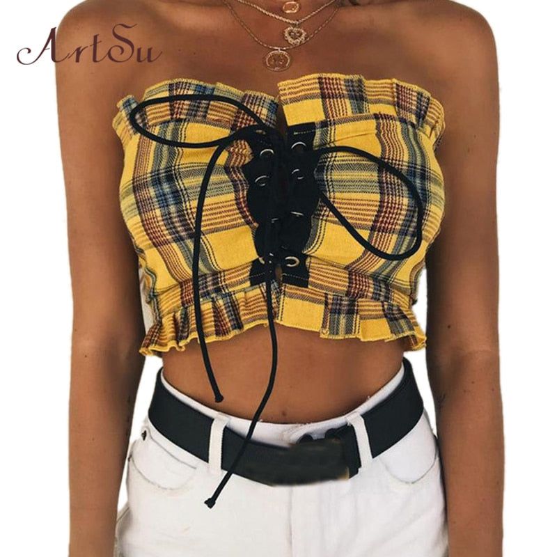 Cheky - Plaid Ruffle Lace Up Tank Top Sexy Bohemian Fitness Yellow Crop Top Off Shoulder Backless Vintage Short Tops