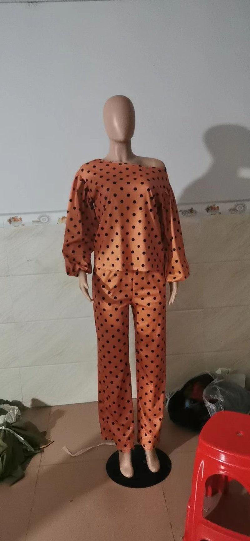 Cheky - Polka Dot Printed Long-sleeved Trousers Casual Fashion Loose Shoulder Suit