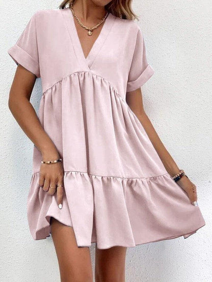 Cheky - New Short-sleeved V-neck Dress Summer Casual Sweet Ruffled Dresses Solid Color Holiday Beach Dress For Womens Clothing