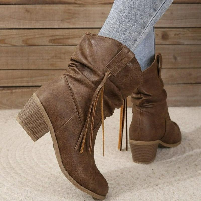 Cheky - Retro Tassel Boots Winter Thick Square Heel Mid-calf Knight Western Boots Woman Fashion Shoes