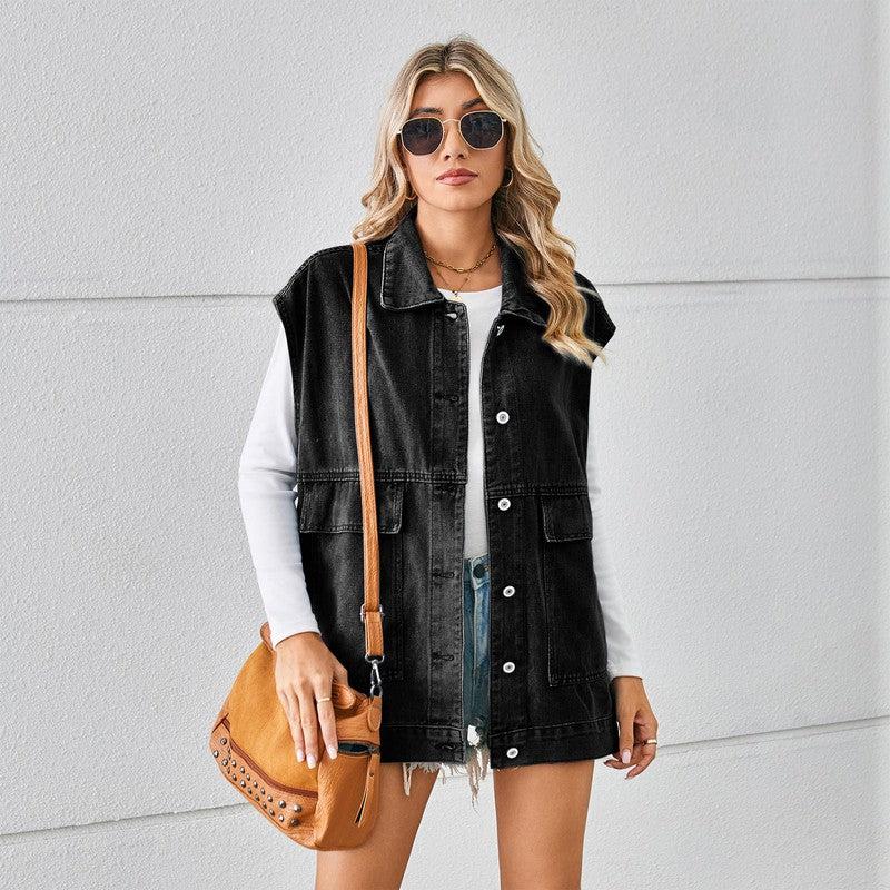 Cheky - Denim Vest With Big Pockets Fashion Sleeveless Outwear Vest For Womens Clothing