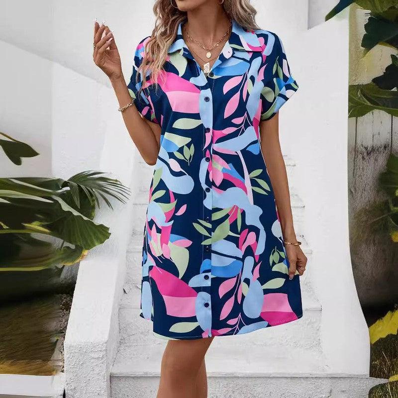 Cheky - New Floral Print Short Sleeve Shirt Dress Summer Fashion Lapel Loose A-line Dresses For Womens Clothing