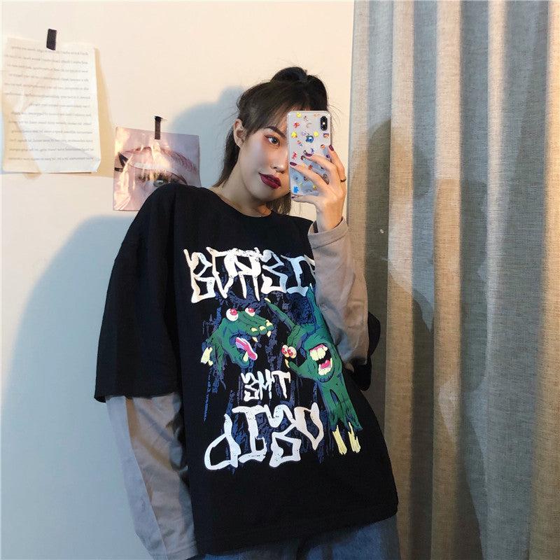 Cheky - Spring sports fake two-piece hedging cartoon T-shirt women loose