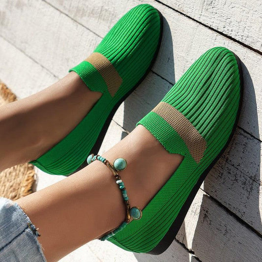 Cheky - Stripe Design Mesh Flat Shoes New Fashion Casual Breathable Slip On Solid Color Round-toe Shoes For Women