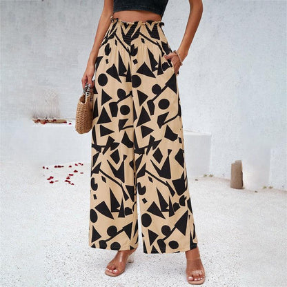 Cheky - Elegant Printed Trousers Summer Loose Elastic High Waist Straight Pants For Beach Vacation Womens Clothing