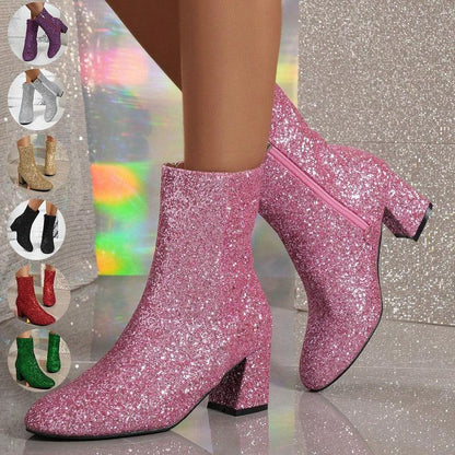 Cheky - New Fashion Sequin Boots For Women Square Heel Side Zipper Shoes Lady Street Party Evening Boots Winter Autumn Spring