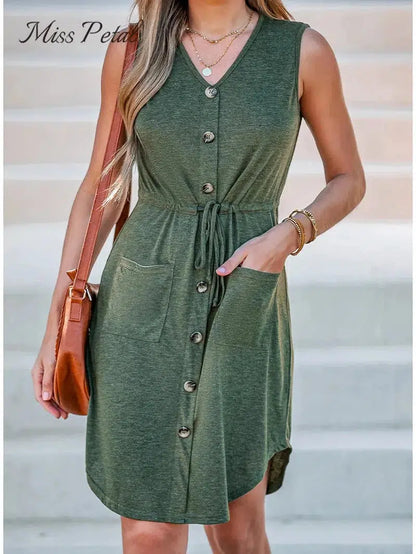 Cheky - Green Drawstring Button Front Mini Dress Sexy V-Neck Sleeveless Beach Dress