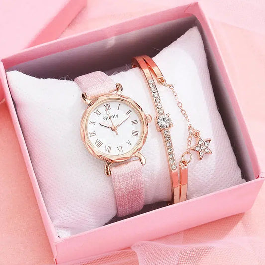 Cheky - Gaiety Brand 2pcs Set Casual Watch For Women Rhinestone Bracelet Watch Leather Ladies Wrist Clock Simple Dress Gfit Montre Femme