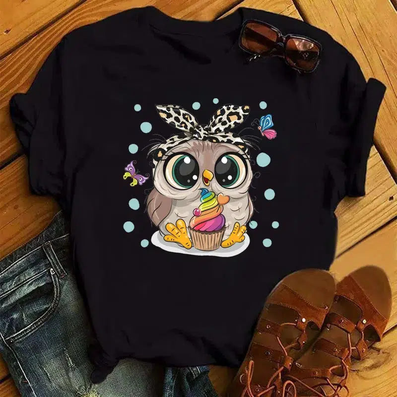 Cheky - Maycaur Cartoon Owl Print T Shirt Women Kawaii Graphic Shirts Casual Short Sleeved Black Female Tee O-neck Harajuku T-shirts