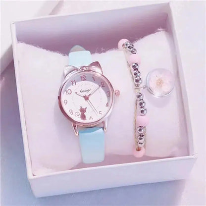 Cheky - New Girl Quartz Watch Student Children Wristwatch Cat Ears Face Gifts for Kids Girl ulzzang Style With Box Clock Beaded bracelet