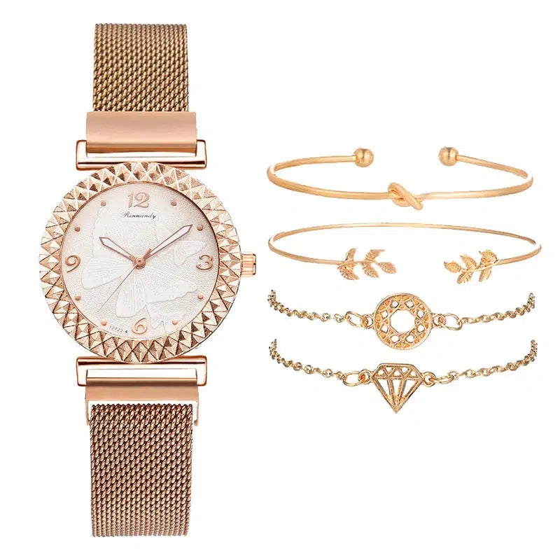 Cheky - 5PCS Women Watch Set Luxury Rose Gold Dress Quartz Watch Bracelet Ladies Sports Wrist Watch Clock Gift Women Relogio Feminino