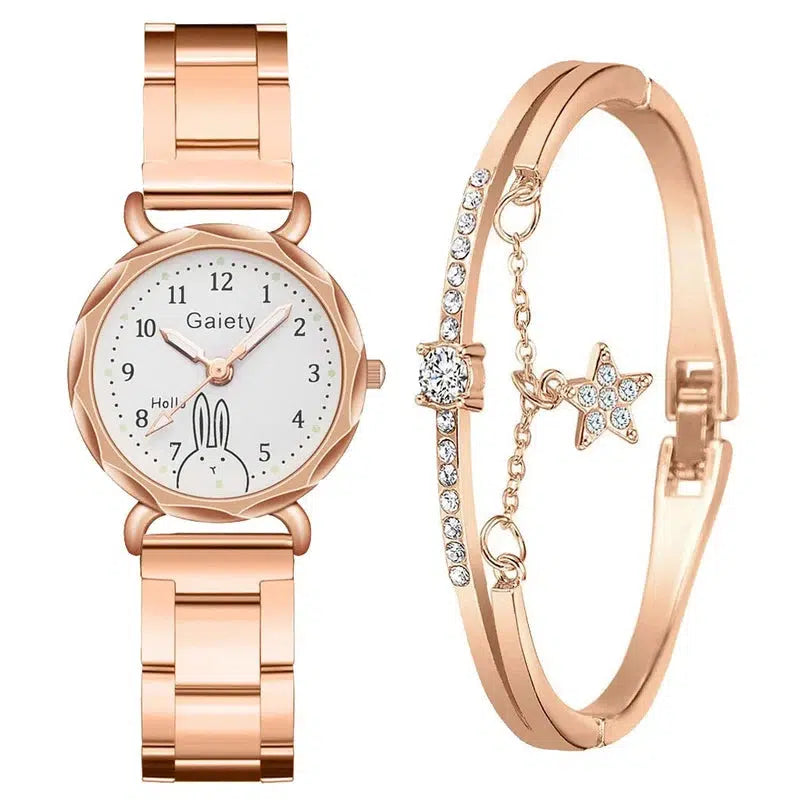 Cheky - Gaiety Brand 2pcs Set Casual Watch For Women Rhinestone Bracelet Watch Leather Ladies Wrist Clock Simple Dress Gfit Montre Femme