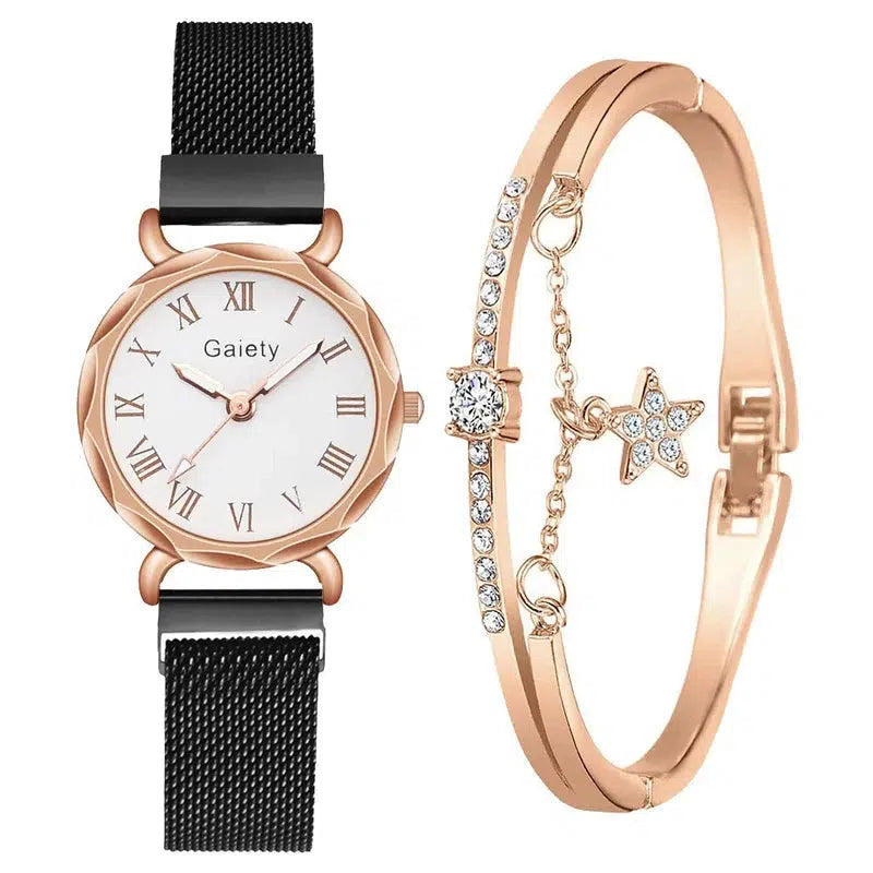 Cheky - Gaiety Brand 2pcs Set Casual Watch For Women Rhinestone Bracelet Watch Leather Ladies Wrist Clock Simple Dress Gfit Montre Femme