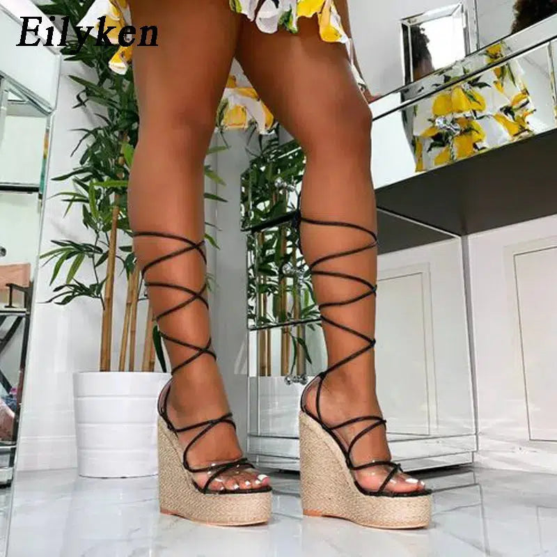 Cheky - Eilyken 2024 New Champagne Gold Wedges Sandals Women Lace-Up Peep Toe Summer High Heels Elegant Ankle Strap Shoes Large Size 42