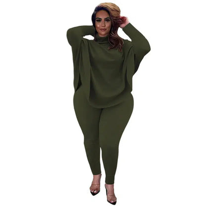 Cheky - Knitted Plus Size Women 2 Piece Set Casual Solid Bat Sleeve Split Knit Top Trousers Ribbed Pit Strip Matching Fall Winter Outfit