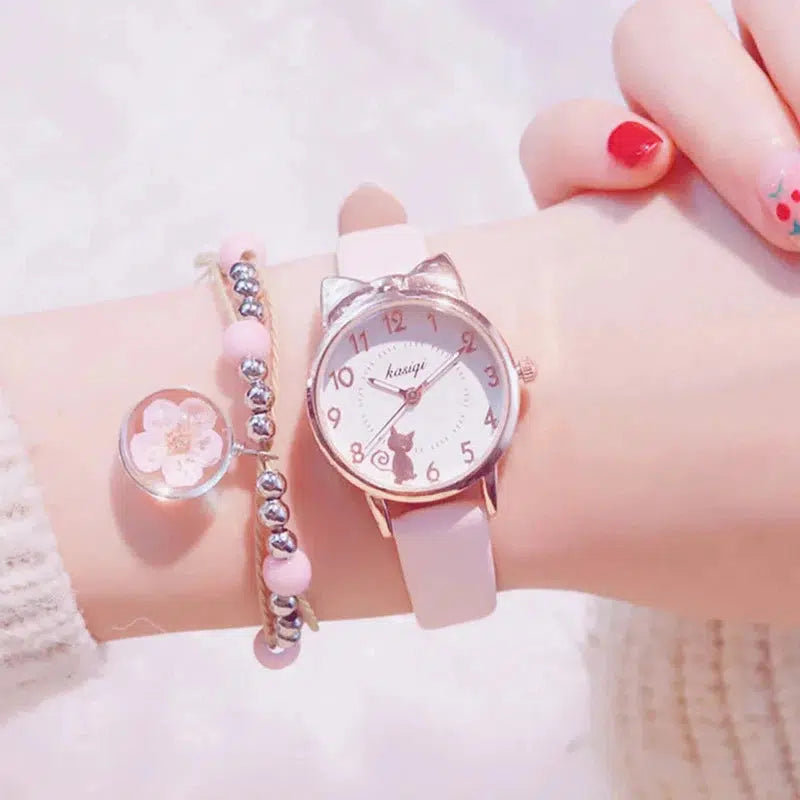 Cheky - New Girl Quartz Watch Student Children Wristwatch Cat Ears Face Gifts for Kids Girl ulzzang Style With Box Clock Beaded bracelet