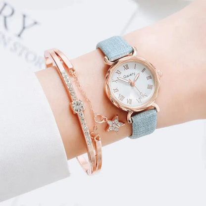 Cheky - Gaiety Brand 2pcs Set Casual Watch For Women Rhinestone Bracelet Watch Leather Ladies Wrist Clock Simple Dress Gfit Montre Femme