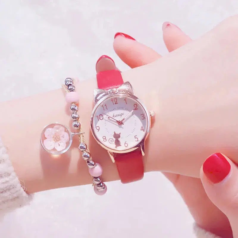 Cheky - New Girl Quartz Watch Student Children Wristwatch Cat Ears Face Gifts for Kids Girl ulzzang Style With Box Clock Beaded bracelet