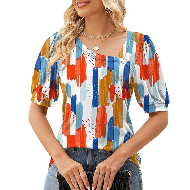 Cheky - Women's Short Sleeve Irregular Puff Sleeve Loose Floral T-shirt