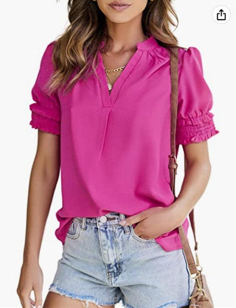 Cheky - Women's V-neck Casual Short-sleeved Solid Color Chiffon Shirt